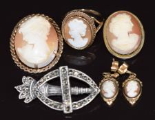 A 9ct gold ring set with a cameo with matching earrings, a 9ct gold brooch set with a cameo,