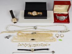 A collection of costume jewellery including Certina and Smiths watches, silver shamrock pendant,