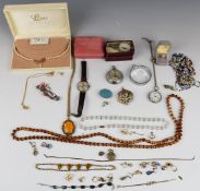 A collection of costume jewellery including earrings, silver fob watch, brooches, etc