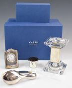 Modern hallmarked silver mounted items comprising glass candle or tealight stand, height 14cm,