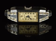 Mimo Art Deco diamond set platinum ladies wristwatch with blued hands, black Arabic numerals, silver