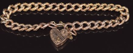 Victorian 9ct gold rose gold curb link bracelet with engraved links and heart padlock clasp, 14.