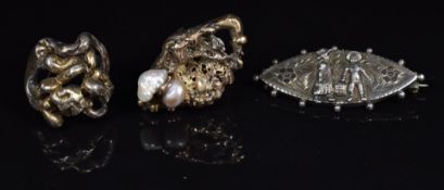 Victorian silver brooch depicting Jack & Jill (Birmingham 1894) and two abstract silver rings, one