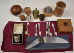 Georg Jensen boxed stainless steel cake slice, cased hallmarked silver napkin ring, treen items to