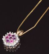 A 9ct gold pendant set with rubies and diamonds, on 9ct gold chain, 2g