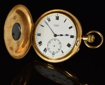 W Vasel 9ct gold keyless winding half hunter pocket watch with subsidiary seconds dial, blued hands,