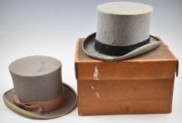 Two vintage grey top hats, one Moss Bros 20 x 16.5cm, the other Scott & Co. 20 x 16cm, together with