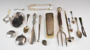 Hallmarked silver items to include fiddle pattern sugar nips, two teaspoons, pin tray, Egypt