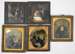 Three daguerreotypes of a soldier, railway worker and a family on the beach, 9.5 x 8cm, together