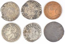 A small collection of seven interesting coins to include Edward 1/11 hammered penny, two 1578