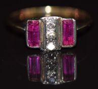 Art Deco 18ct gold ring set with synthetic rubies and old cut diamonds, 1.6g, size I
