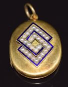 Victorian yellow metal locket set with seed pearls and blue enamel, 7.6g