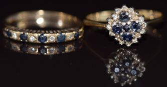 Two 9ct gold rings set with sapphires and diamonds, 3.6g, size M & O