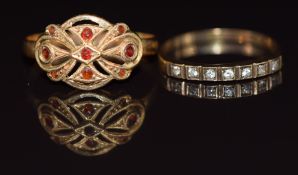 Two 9ct gold rings one set with garnets, the other with cubic zirconia, 2.6g, size L & N