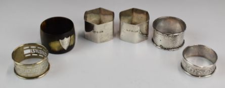 Three hallmarked silver napkin rings including a hexagonal pair, weight of all three 73g, together