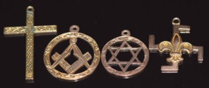 Four 9ct gold pendants comprising cross, Star of David, Masonic and Scouts, 7.1g ,