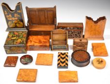 A collection of treen items, boxes and novelty items including a 19thC apprentice oak settle with