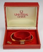 Universal Genève 18ct gold ladies wristwatch with gold hands and hour markers, silver dial and