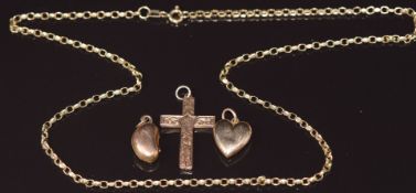 Three 9ct gold pendants in the form of a kidney bean, cross and heart and a 9ct gold chain, 6.1g