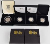 Four Royal Mint silver proof coins comprising a 2008 £1 Shield of Arms piedfort, Johnson's