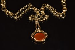 A 9ct gold fob chain / necklace with 9ct gold swivel fob set with onyx and agate, 39.3g, 66cm