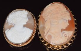 Two 9ct gold brooches set with cameos depicting young women