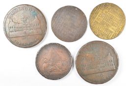Two 1823 Birmingham workhouse tokens, 1798 Victory of the Nile 1790 and 1797 calendar tokens