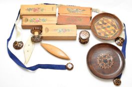 Sewing, needlework and embroidery interest Tunbridge ware cotton reels, tatting shuttles, bookmarks,