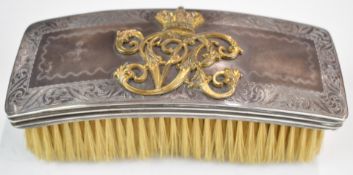 Queen Victoria interest hallmarked silver brush with applied VR crest to centre, possibly made for