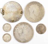 Six coins comprising three 1819 George III crowns, one as an enamelled brooch, all ranging from poor