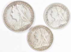 1893 Queen Victoria veiled head crown and two 1897 half crowns, VF