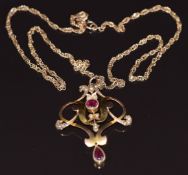 Edwardian 9ct gold pendant set with seed pearls and garnets, on 9ct gold chain, 3.8g