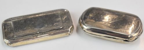 Two unmarked white metal snuff or similar cases or boxes, length of longer 8.5cm, weight of both