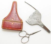19thC scissors in steel case with Salisbury Cathedral decoration to one side and Stonehenge to the