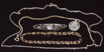 A 9ct gold bracelet (6.8g), silver brooch, silver St Christopher, silver chain and silver bracelet