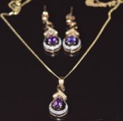 A 9ct gold necklace set with diamonds and amethysts, with matching earrings, 4.3g