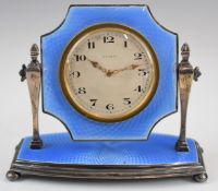Art Deco hallmarked silver and blue guilloché enamel dressing table clock with 8 day movement,