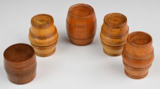 Five 19thC turned treen thimble holders or etui, three with 'Russell, East St, Brighton' to the