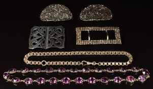 Three Victorian cut steel buckles, silver buckle, silver necklace set with paste and a Victorian