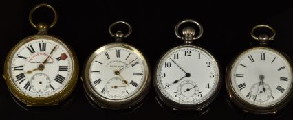 Four open faced pocket watches including J G Graves of Sheffield, Railway Timekeeper and Adam