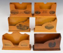 Six Mauchline ware letter / stationery racks for Lodmore Waterfall, Hastings Castle, two Markinch,