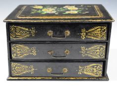 Jenners and Bettridge style papier maché miniature / apprentice chest of three drawers, W28 x D22