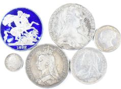 A collection of silver coinage comprising enamelled 1822 crown, 1892 crown, 1900 half crown, 1840