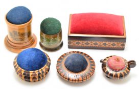 Sewing, needlework and embroidery interest six pin cushions including a Tunbridge ware teapot and