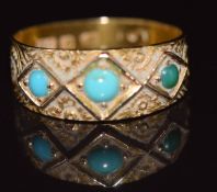 An 18ct gold ring set with three turquoise cabochons and engraved floral decoration, in antique box,