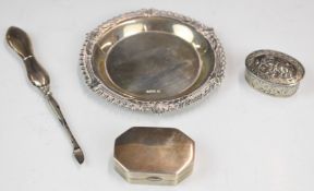 Hallmarked silver pin tray, hallmarked silver octagonal pill pot, pill pot embossed with an elephant