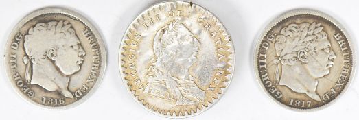 Three George III coins and tokens comprising 1816 and 1817 sixpences and an 1811 bank token for 1s
