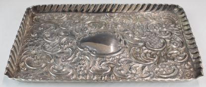 Victorian hallmarked silver dressing table tray with ornate embossed decoration, Birmingham 1893,