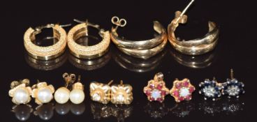 Six pairs of 9ct gold earrings including opal and ruby, sapphires, pearls, etc (4.9g) and a pair