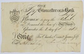 Gloucester Old Bank 1813 provincial Georgian one pound banknote, serial number 707, for Charles